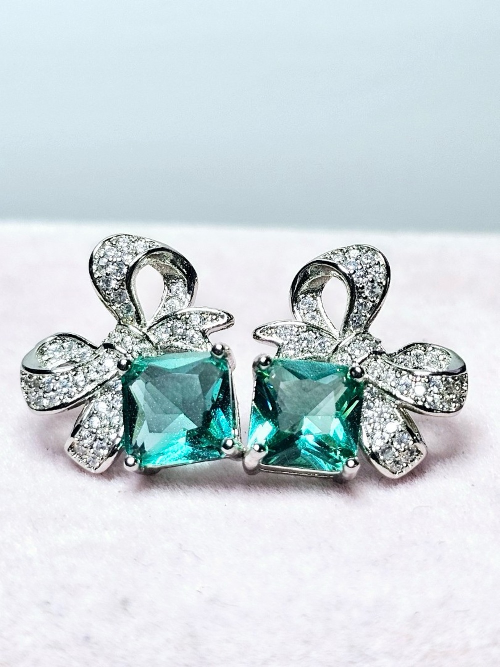 Vintage Silver Bow Earrings with Teal-Green Square Gems